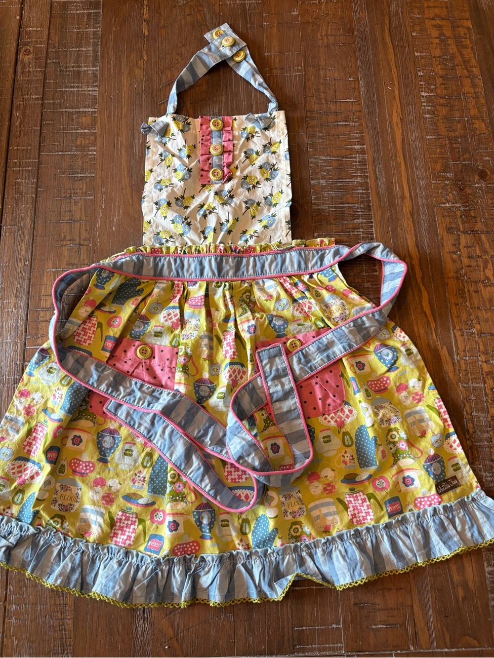 Matilda Jane Retro Floral & Tea Print Apron with Pink Button Accents